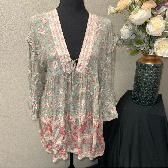 easel Tops - NWT Easel Boho Floral Babydoll Tunic Top Tie Neck Cottagecore Small